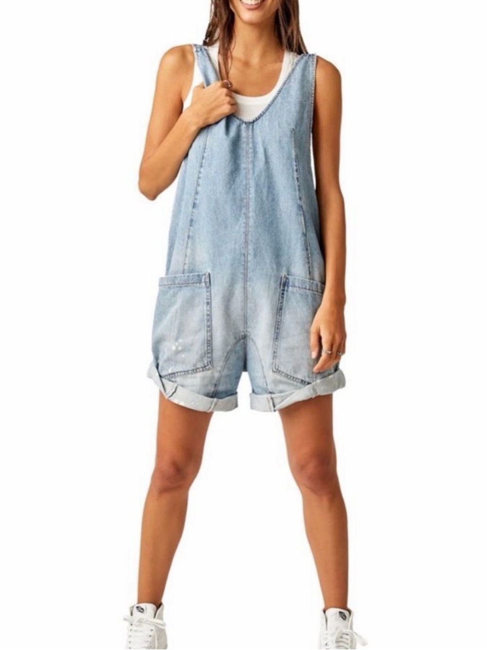 Free People - We the Free - Light Wash Denim Romper Overall with Front Pockets
